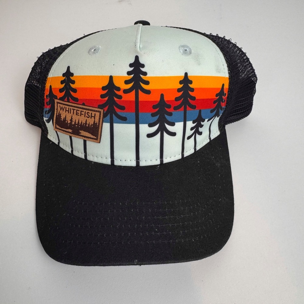 Locale Whitefish Montana Sunset Pine Tree Trucker Hat Black Snapback Cap